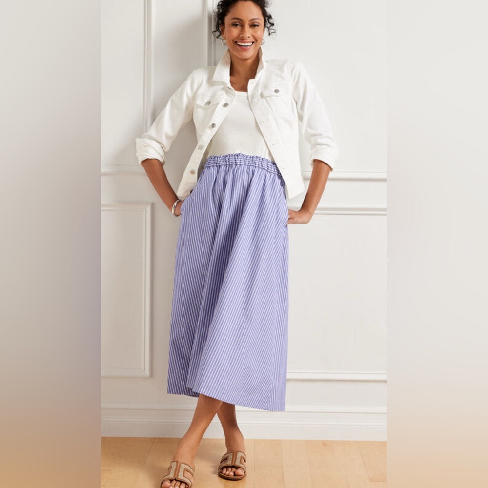 Talbots Blue and White Striped Midi Skirt with Pockets